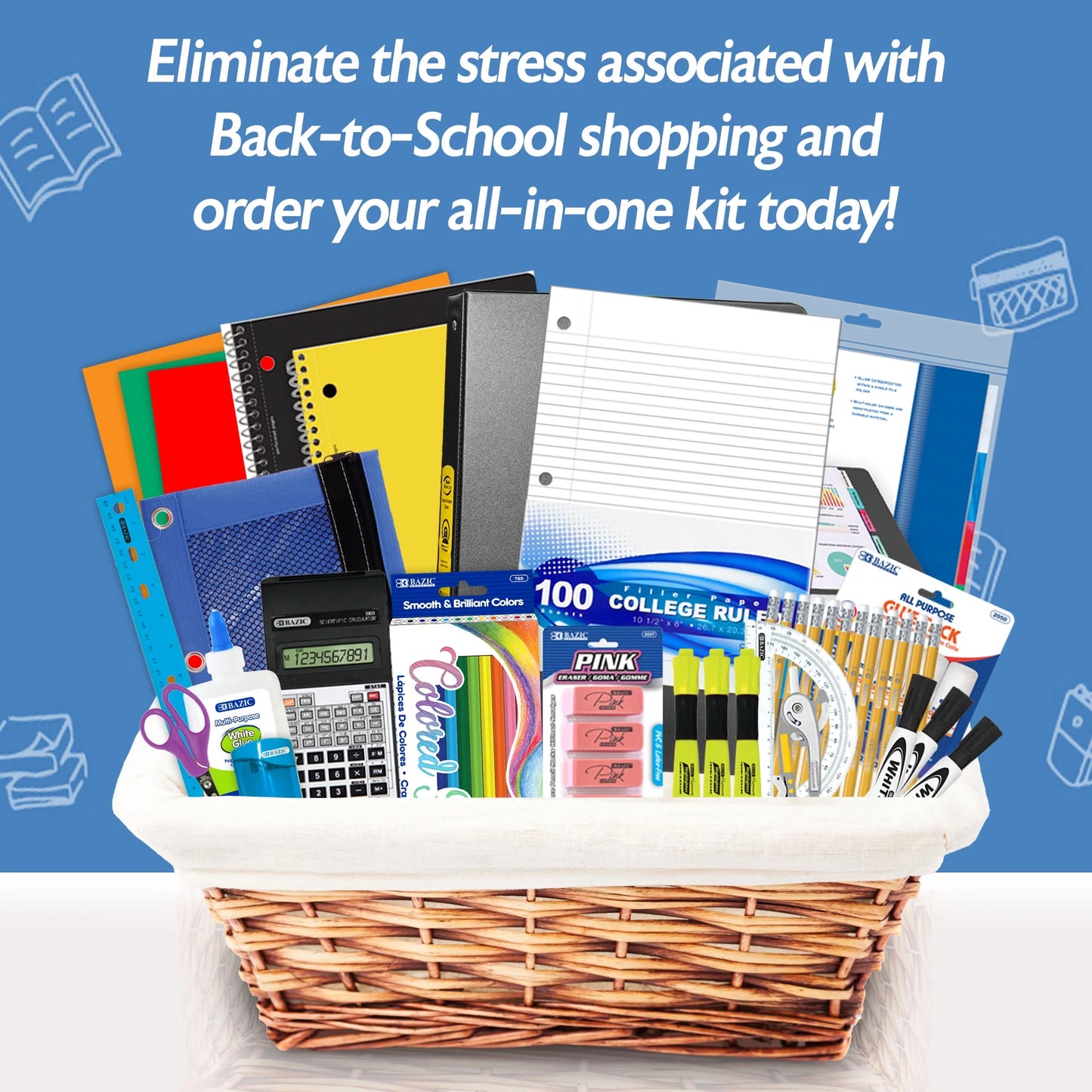 Middle High School Kit Bundle Supplies Box 65 Count for Student 7-12 Grades, School Supplies Composition Books Binder and More, SPEC MAY VARY, 1-Pack