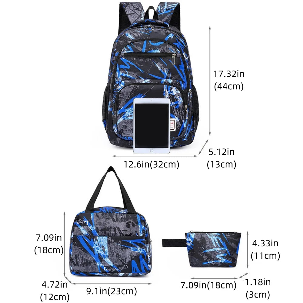 School Backpack Adorable Printed Kids School Bag Set with Lunch Box Pencil Bag for Girls, Blue