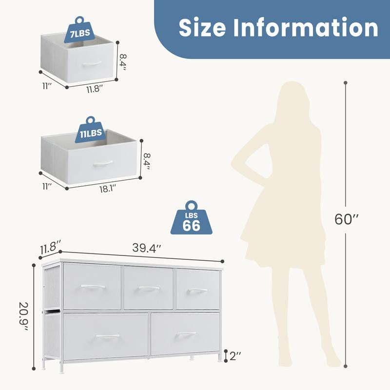 【Deal】Cupboards Cabinets Dresser - Fabric Storage Tower with 5 Drawers, Bedroom Organizer, Chest of Drawers for Closet, Entryway, Versatile Design