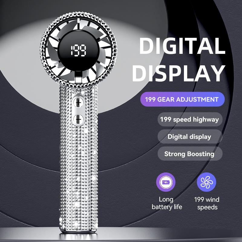 Diamond Fan Luxury Bling Portable Handheld Turbo Fan 3 Gear Wind Rechargeable Long Battery Life Hand Fan with Digital Display for Outdoor Activities Travel Office Strong Boosting Output Long Distance Blowing