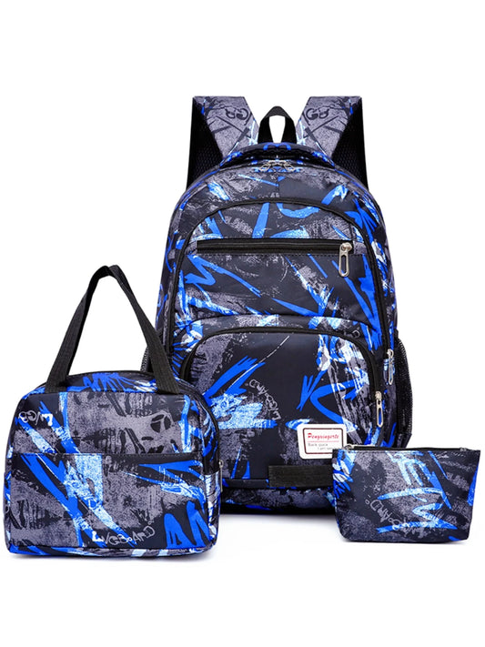 School Backpack Adorable Printed Kids School Bag Set with Lunch Box Pencil Bag for Girls, Blue