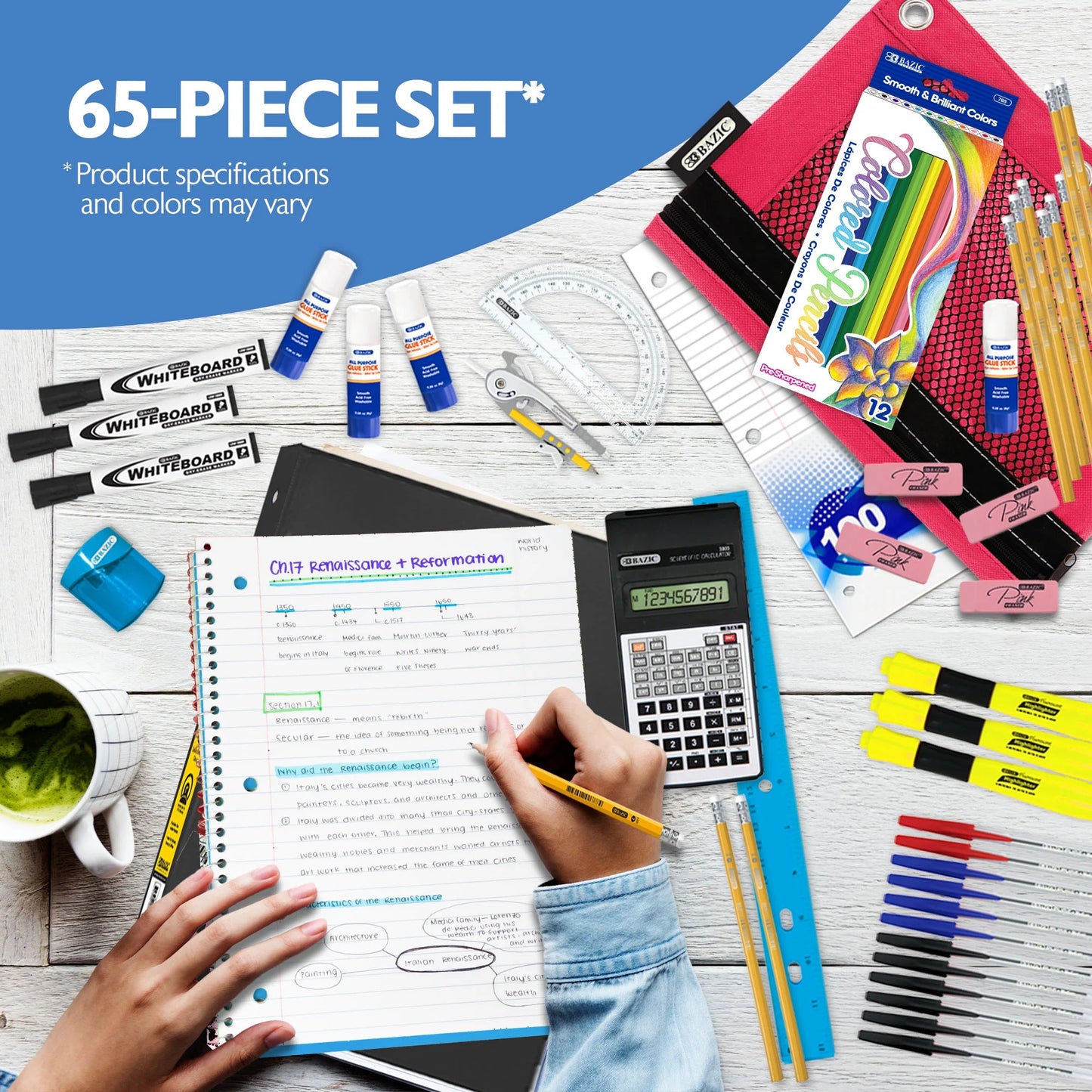 Middle High School Kit Bundle Supplies Box 65 Count for Student 7-12 Grades,  School Supplies Composition Books Binder and More, SPEC MAY VARY, 1-Pack