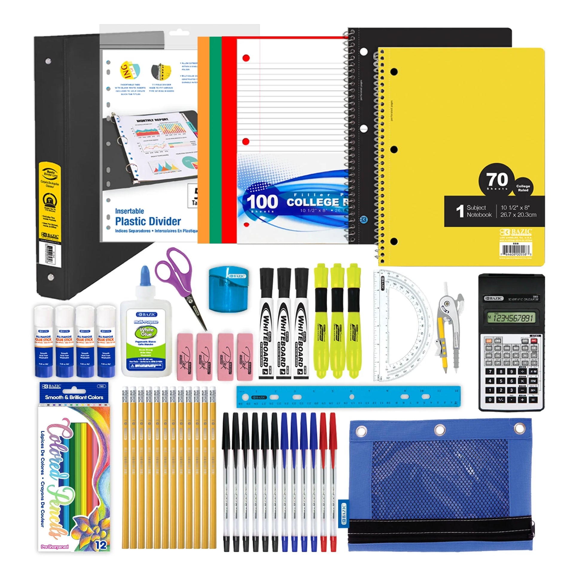 Middle High School Kit Bundle Supplies Box 65 Count for Student 7-12 Grades,  School Supplies Composition Books Binder and More, SPEC MAY VARY, 1-Pack