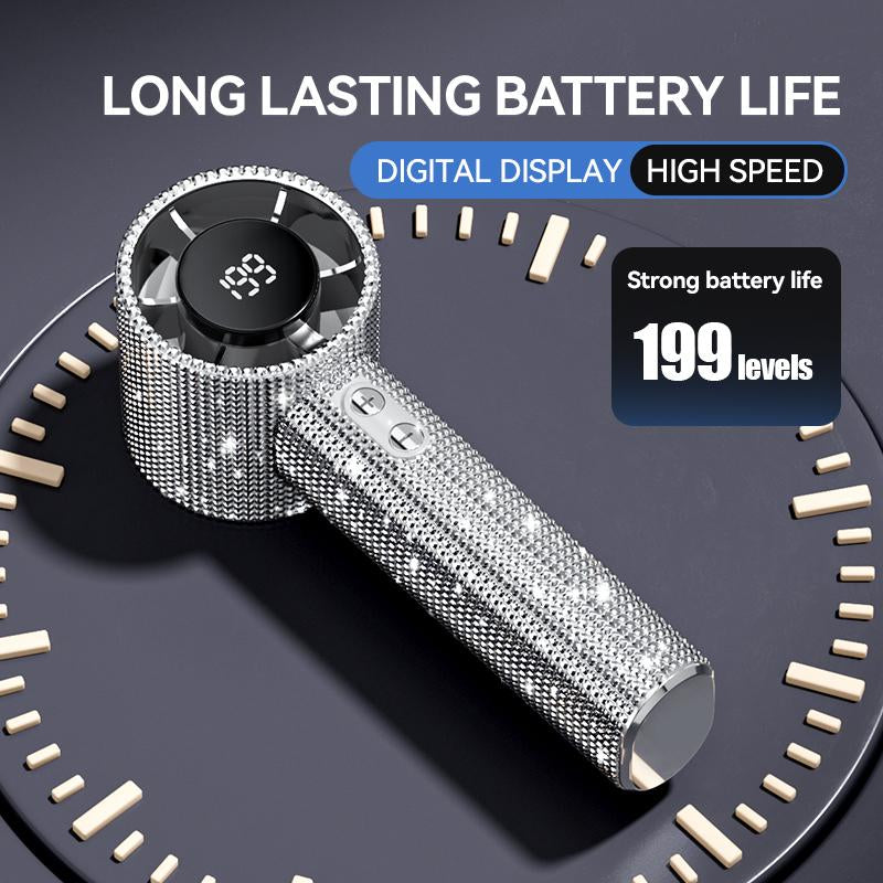 Diamond Fan Luxury Bling Portable Handheld Turbo Fan 3 Gear Wind Rechargeable Long Battery Life Hand Fan with Digital Display for Outdoor Activities Travel Office Strong Boosting Output Long Distance Blowing