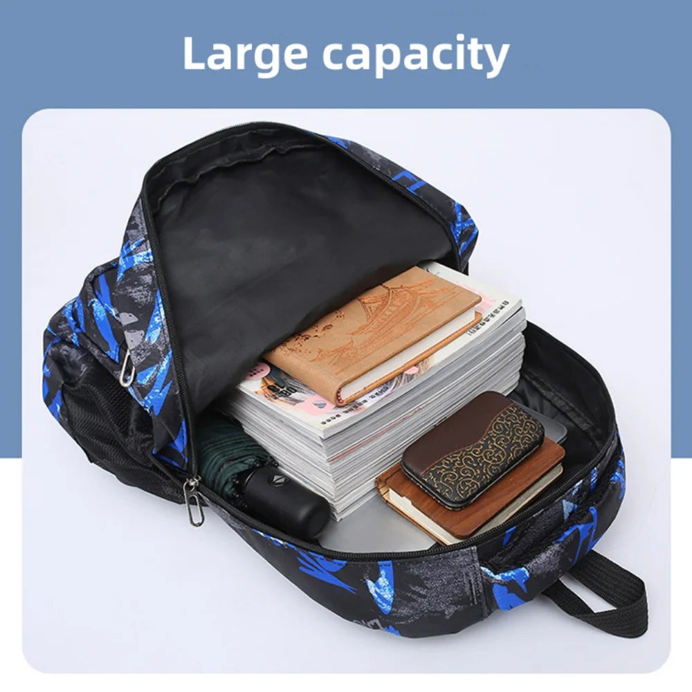 School Backpack Adorable Printed Kids School Bag Set with Lunch Box Pencil Bag for Girls, Blue