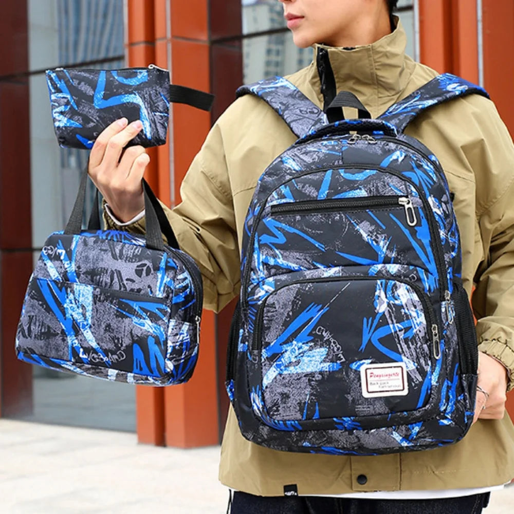 School Backpack Adorable Printed Kids School Bag Set with Lunch Box Pencil Bag for Girls, Blue