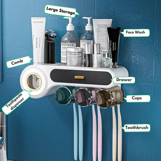 BOCELA Toothbrush Holder and Toothpaste Dispenser, Wall Mounted-3 Cups (5 in 1) Minimalist Bath Organiser Hygiene Toothbrush
