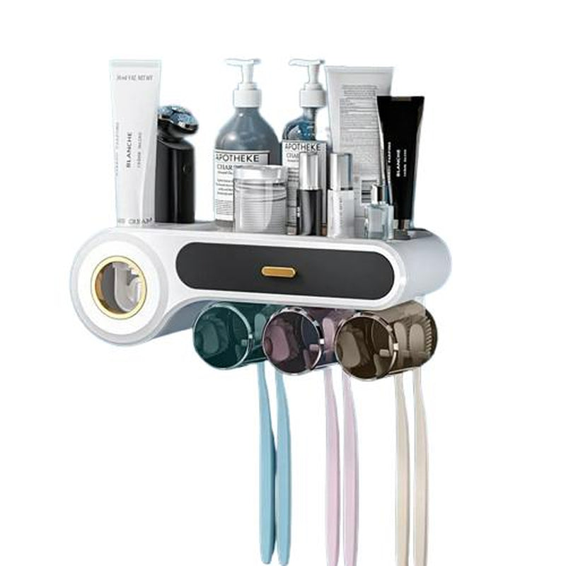 BOCELA Toothbrush Holder and Toothpaste Dispenser, Wall Mounted-3 Cups (5 in 1) Minimalist Bath Organiser Hygiene Toothbrush