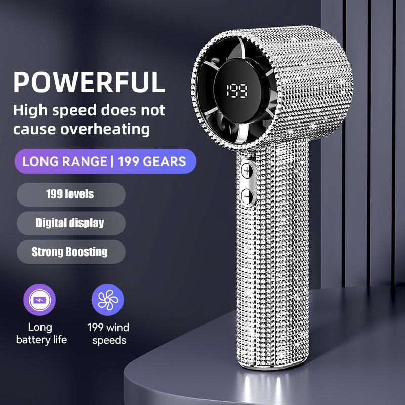 Diamond Fan Luxury Bling Portable Handheld Turbo Fan 3 Gear Wind Rechargeable Long Battery Life Hand Fan with Digital Display for Outdoor Activities Travel Office Strong Boosting Output Long Distance Blowing