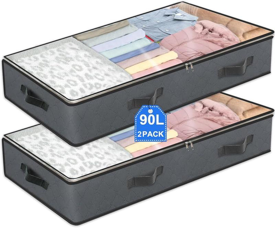2-Piece under Bed Storage Bag 90L Foldable Closet Container Storage Bag and under Bed Storage Box Organiser Gift Metal Room Slide Smooth Stainless Transparent Steel