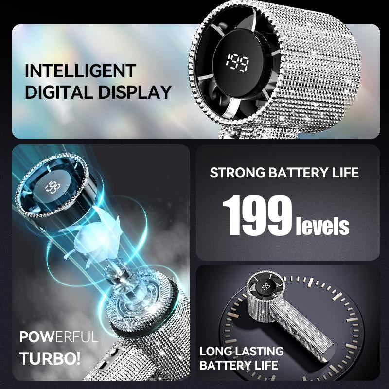 Diamond Fan Luxury Bling Portable Handheld Turbo Fan 3 Gear Wind Rechargeable Long Battery Life Hand Fan with Digital Display for Outdoor Activities Travel Office Strong Boosting Output Long Distance Blowing
