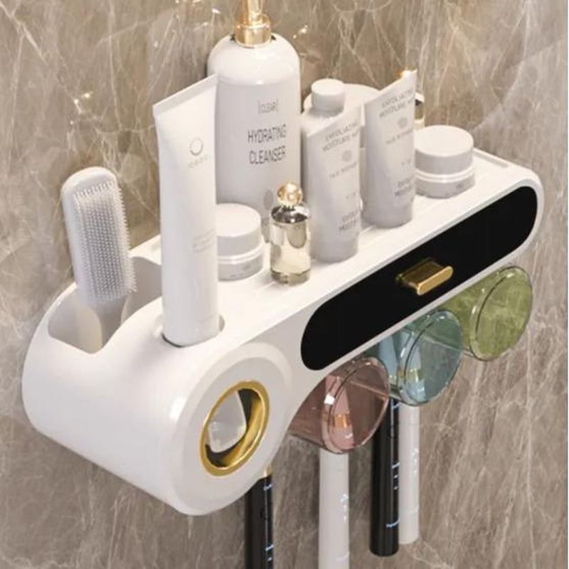 BOCELA Toothbrush Holder and Toothpaste Dispenser, Wall Mounted-3 Cups (5 in 1) Minimalist Bath Organiser Hygiene Toothbrush