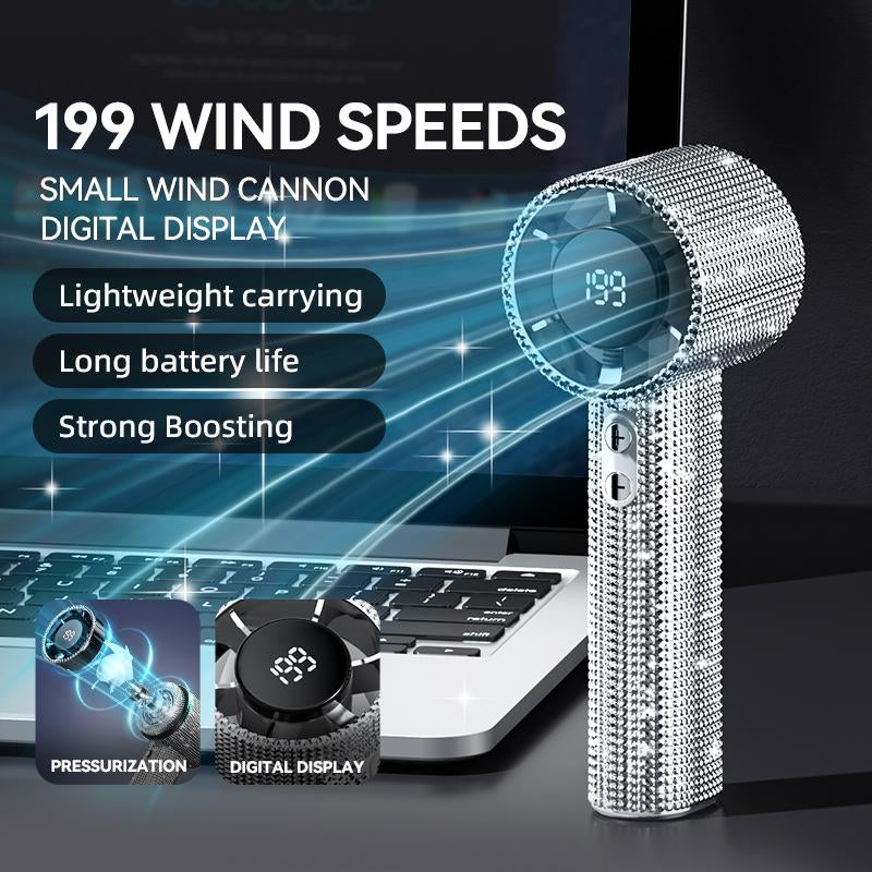 Diamond Fan Luxury Bling Portable Handheld Turbo Fan 3 Gear Wind Rechargeable Long Battery Life Hand Fan with Digital Display for Outdoor Activities Travel Office Strong Boosting Output Long Distance Blowing