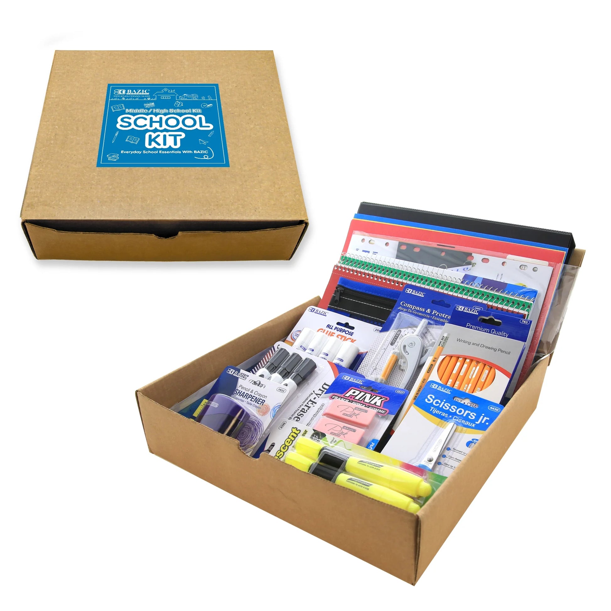 Middle High School Kit Bundle Supplies Box 65 Count for Student 7-12 Grades,  School Supplies Composition Books Binder and More, SPEC MAY VARY, 1-Pack