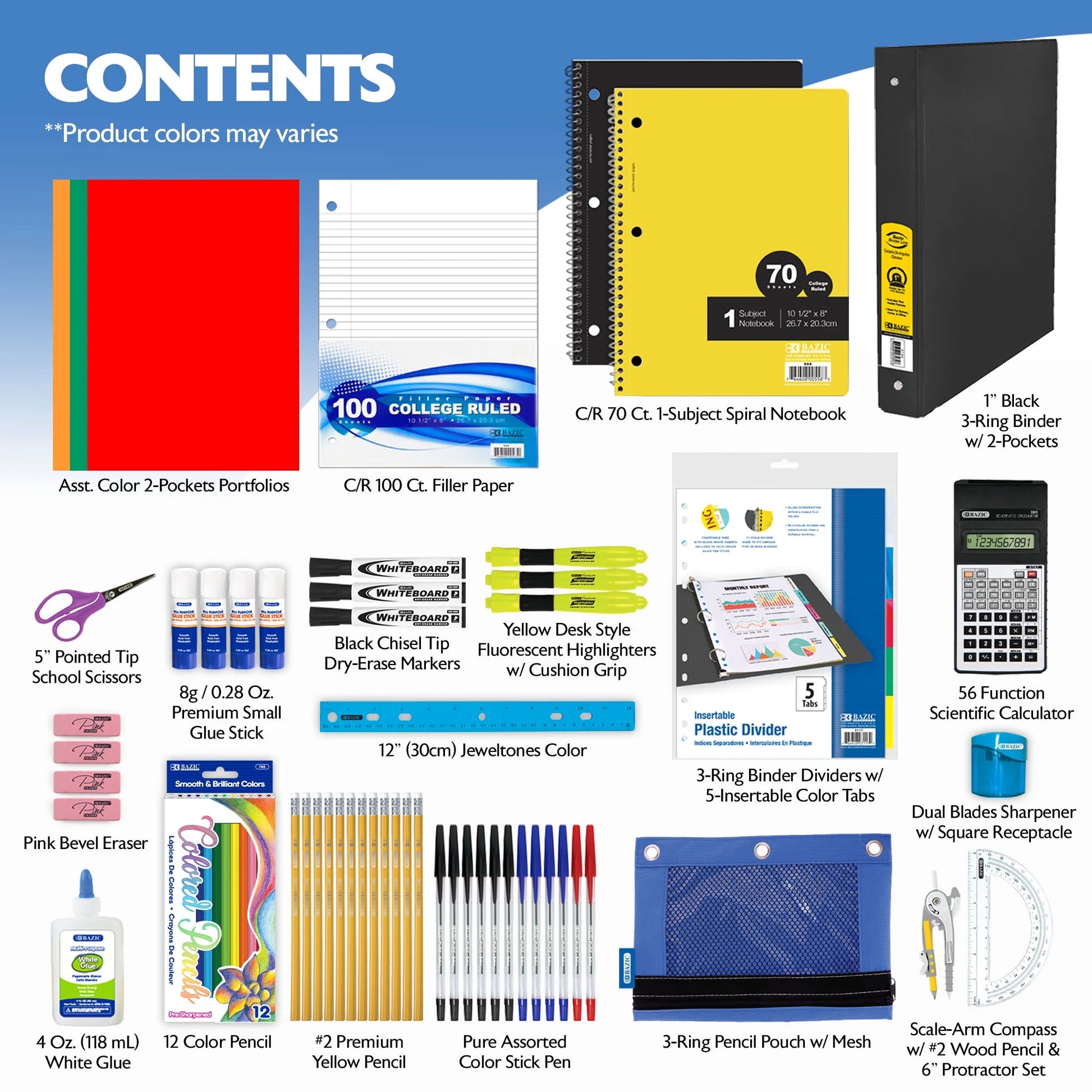 Middle High School Kit Bundle Supplies Box 65 Count for Student 7-12 Grades,  School Supplies Composition Books Binder and More, SPEC MAY VARY, 1-Pack