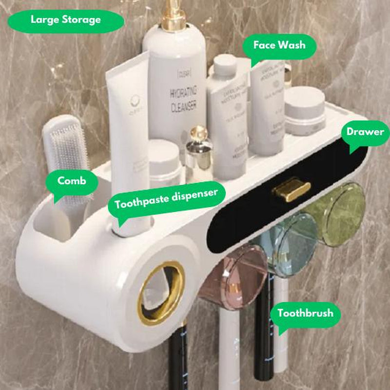 BOCELA Toothbrush Holder and Toothpaste Dispenser, Wall Mounted-3 Cups (5 in 1) Minimalist Bath Organiser Hygiene Toothbrush
