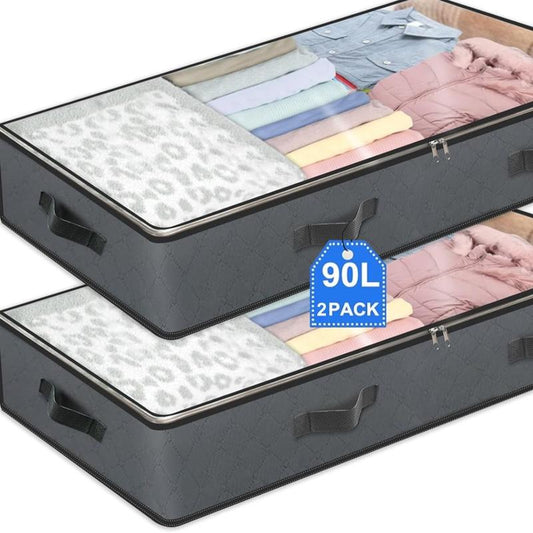 2-Piece under Bed Storage Bag 90L Foldable Closet Container Storage Bag and under Bed Storage Box Organiser Gift Metal Room Slide Smooth Stainless Transparent Steel