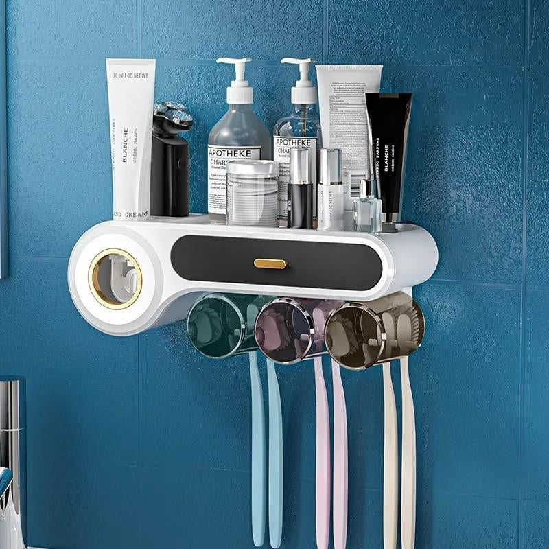 BOCELA Toothbrush Holder and Toothpaste Dispenser, Wall Mounted-3 Cups (5 in 1) Minimalist Bath Organiser Hygiene Toothbrush
